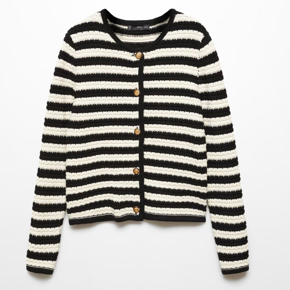 Mango MNG Striped cardigan sweater with jewel buttons Ladies small Black white